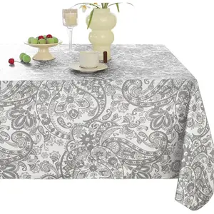 Rectangle Vinyl Paisley Table Cloths,Waterproof Oilproof Plastic Tablecloth with Flannel Backing,Heavy Duty Vintage Grey and White PVC Table Cover for Outdoor Picnic Camping