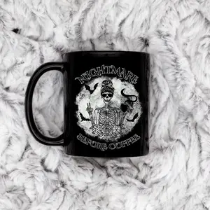 Black Ceramic Halloween Coffee Mug, Skeleton Nightmare Before Coffee, Gothic Skull Coffee Mug, Spooky Vibes, Spooky Season Cup Drinkware