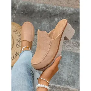 Women's Open-Toe High Heel Mules, Casual Textile Shoes with Rubber Sole, All-Season Slip-On Loafers, Trendy Ankle-High Design, Footwear