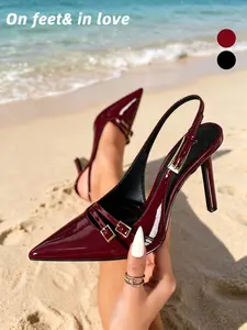 2026 Summer Elegant Women's Glossy Patent Leather Slingback Heels with Gold Buckle Pointed Toe Stiletto Pumps 2 Colors Adjustable Buckle Office Party Wedding Shoes Heeled Sandals
