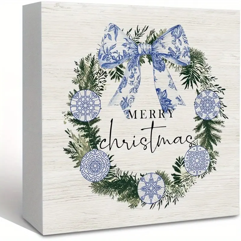 Chinoiserie Christmas Wreath Wooden Box Sign, Blue and White Christmas Bow Decorative Signs for Office, Living Room, Desk Decor 5x5 Inch