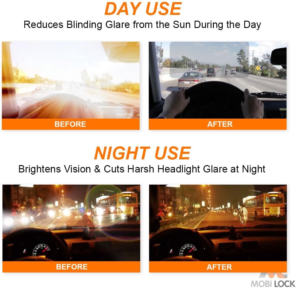 Car Sun Visor (Pack of 2), Tac Extension, 2 in 1 for Day and Night Anti-Glare, Anti Dazzle and Anti UV HD Automobile Windshield Visor by Mobi Lock