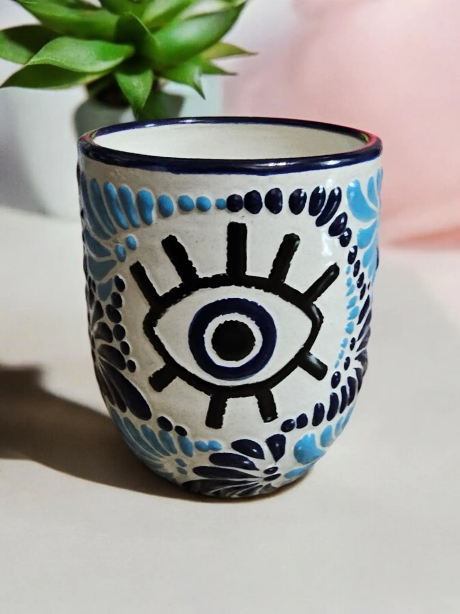 Buenas Vibras Collection, Evil Eye Talavera Tumbler Candle, Blue candles