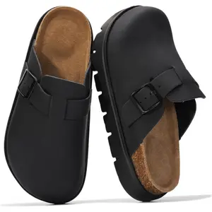 100% Genuine Leather Platform Clogs for Women Footwear - Memory Foam Arch Support Cork Footbed Casual Shoes & Mules for Women 2026 (Benton Chunky)