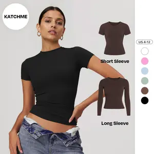 KattchMe Women's Sports Solid Color Round Neck Short Sleeve Slim Top, Spring & Summer Stretchy Brushed Clothes, Slim-Fitting Quick Drying Yoga Top（CN）