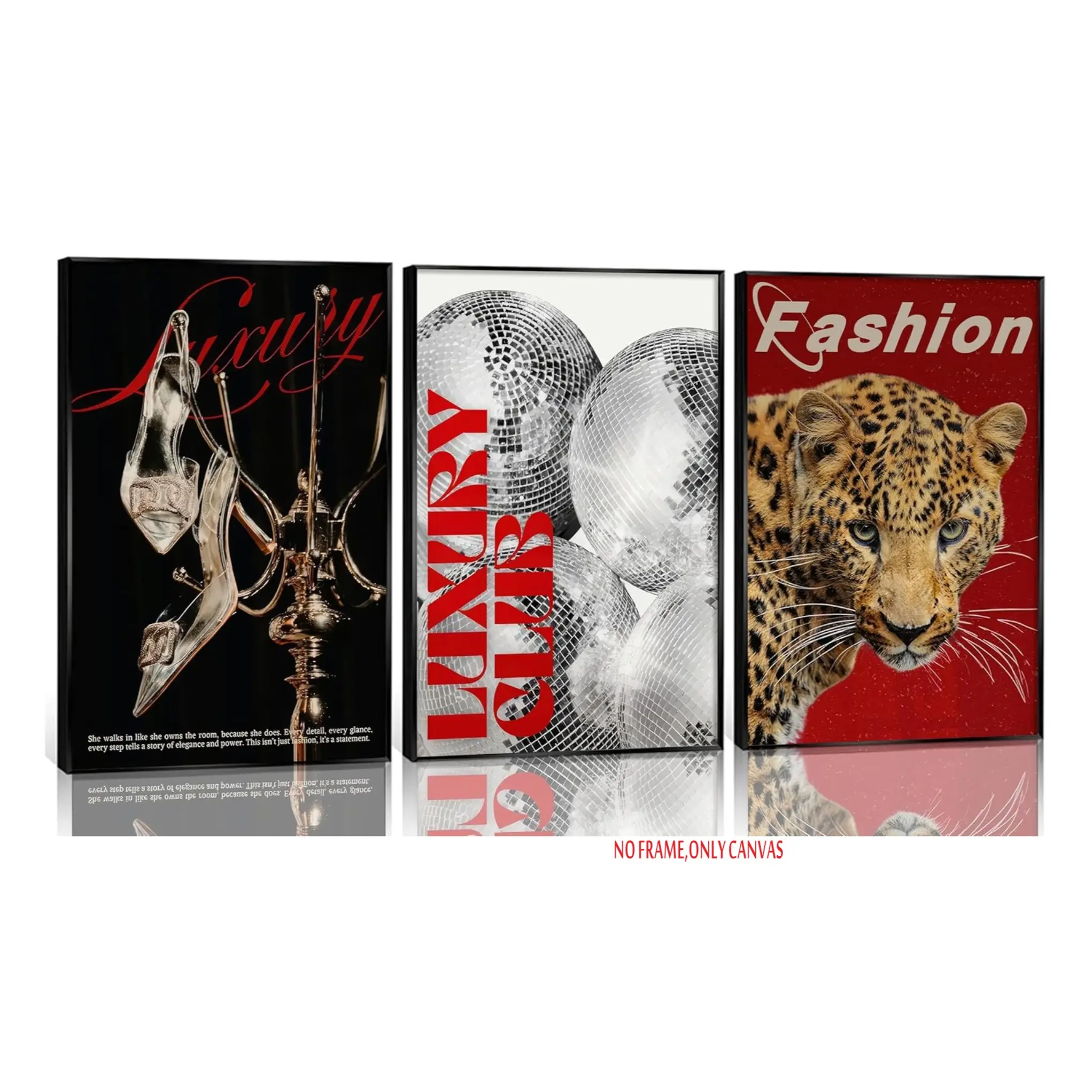 3-Piece Set / Stylish Red Leopard-Print Wall Art, Trendy Black-and-White Disco Ball Painting, Wall Decor, Luxurious Nightclub Posters, Cool Y2K-Style Magazine Prints—perfect for decorating apartments and dorm rooms. 2D flat, frameless.