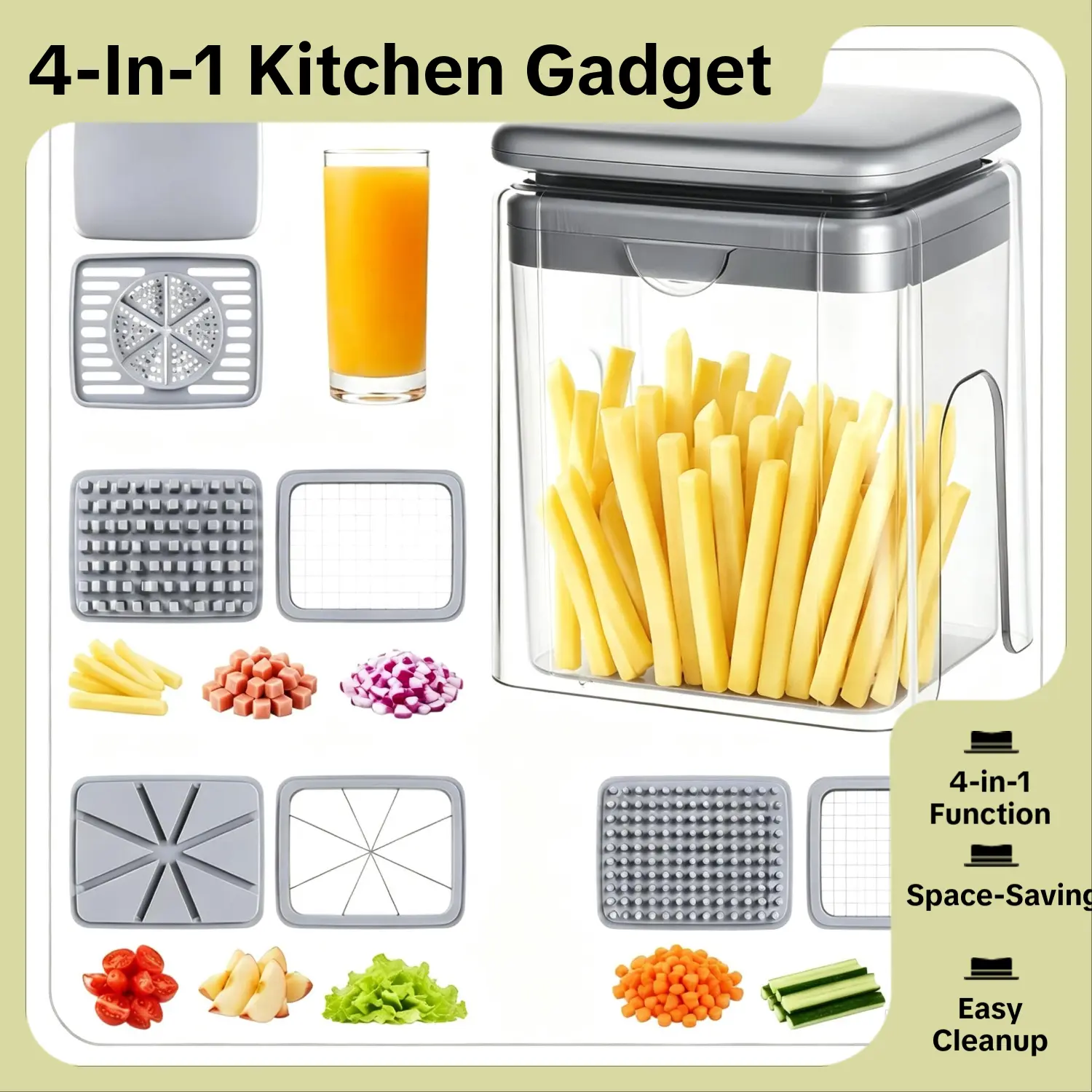 4-in-1 Multifunctional Kitchen Gadget - French Fry Cutter，Vegetable Chopper, , Potato Slicer, Onion Dicer, Carrot Cutter, Citrus Juicer