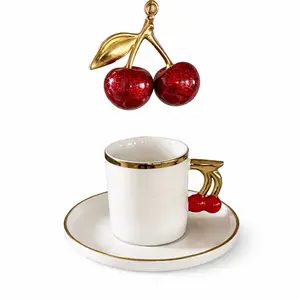 White & Gold Cherry Espresso Cup & Saucer Set – 12 Piece Porcelain Coffee Set
