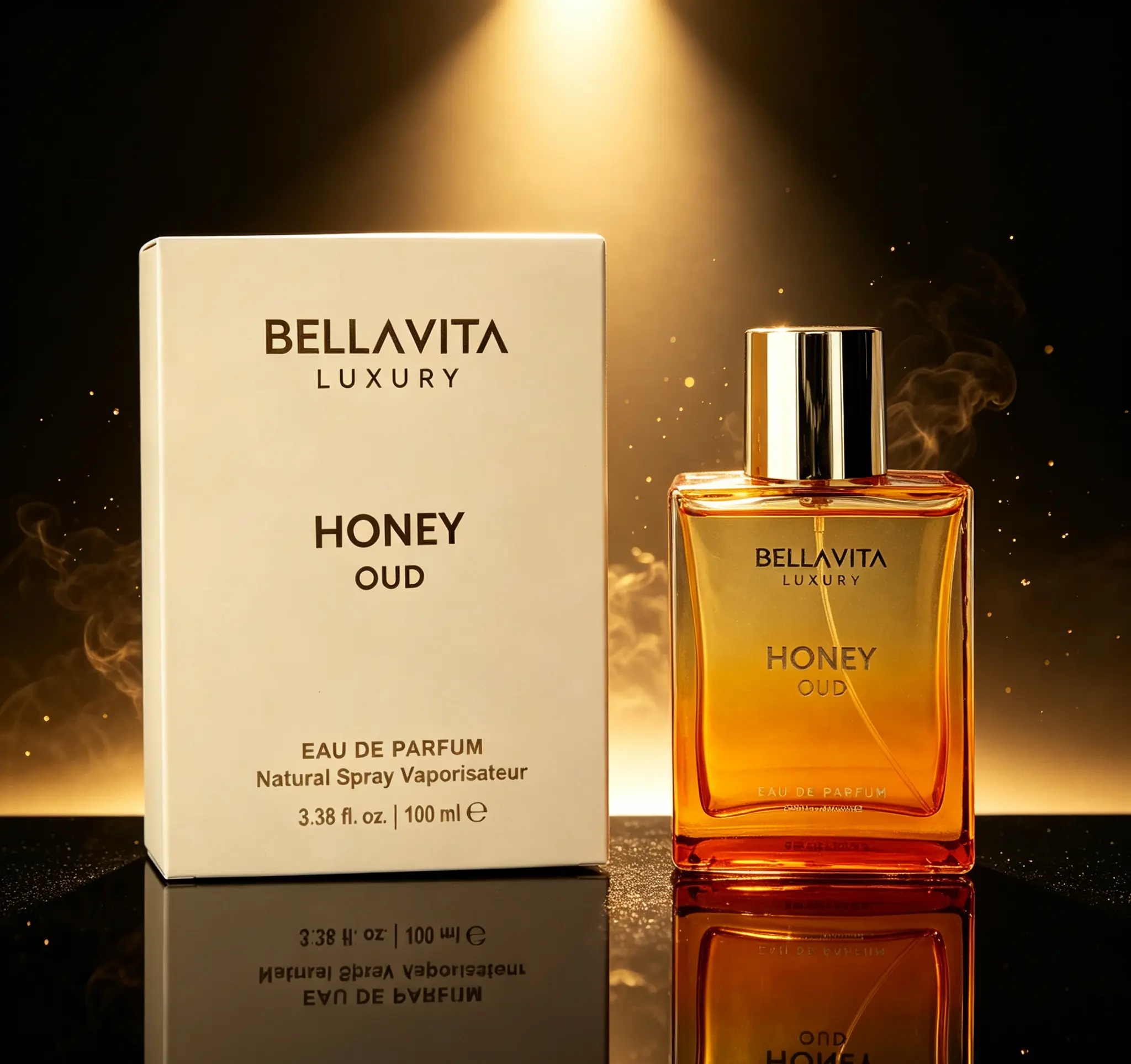 BellaVita Honey Oud Long Lasting EDP 3.4 Fluid Ounces, Cruelty Free Vegan Luxury Perfume Oil, Warm Spicy Floral Scent Infused Bergamot Patchouli Vanilla