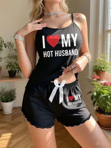 "I Love My Hot Husband" Cami & Shorts Pajama Set, Cute Loungewear for Women, Nightwear Pjs
