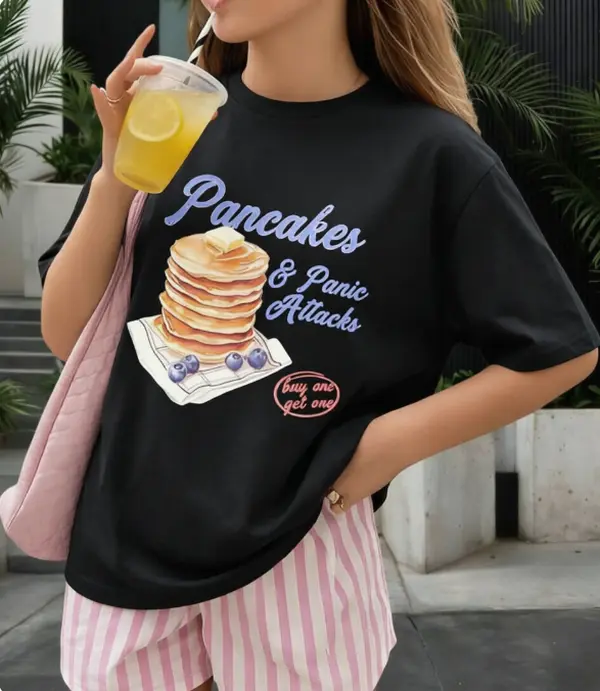Women's 100% Cotton Casual Tops, Relatable Anxiety Humor Pancakes & Panic Attacks Graphic T-Shirt, Comfortable Loose Short-Sleeve Tee for Everyday Fit, Brunch Coffee Shop Wear