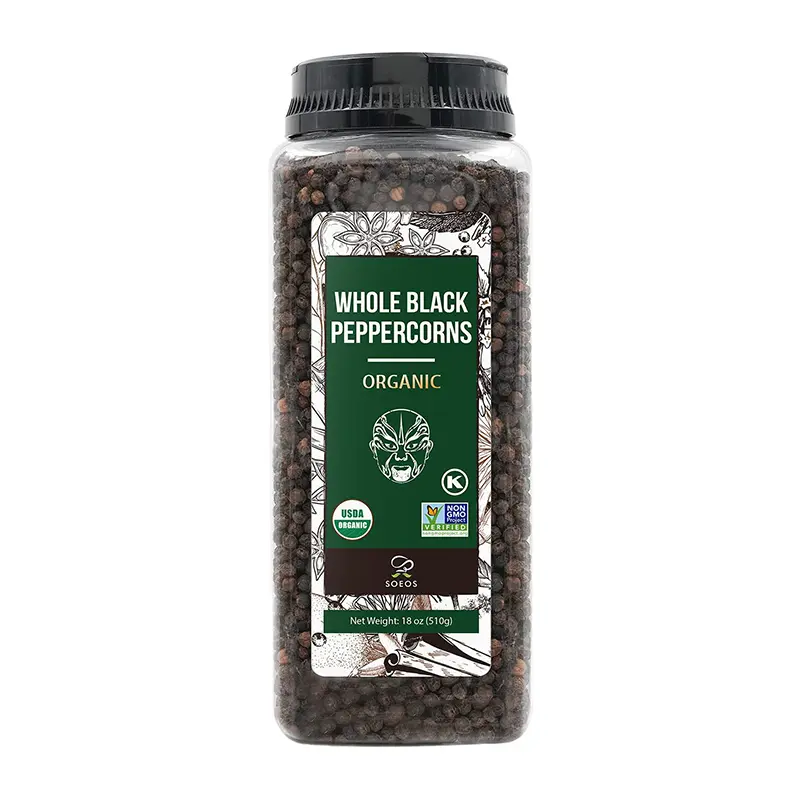 Soeos Organic Black Peppercorns, 18oz (Pack of 1), Non-GMO, Kosher, Packed to Keep Peppers Fresh, Peppercorn for Grinder Refill, Whole Peppercorns Flavor Spice Taffy