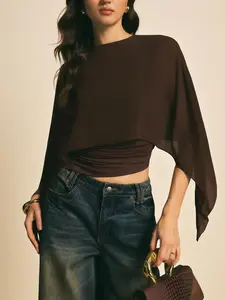 Mocha Chiffon Wrap Top, Asymmetrical Dual Layer T-Shirt, Lightweight Chic Inner Outer Wear, Versatile European Style Chiffon Shirt