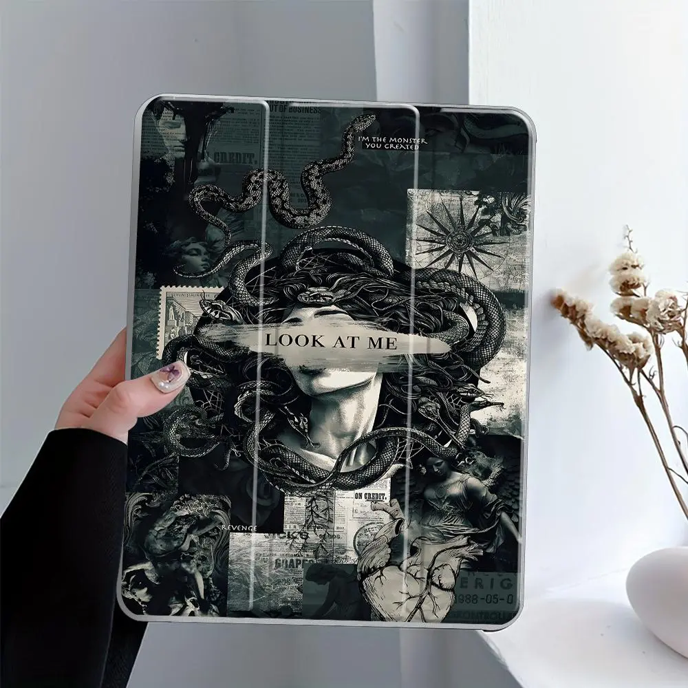 Enigmatic Medusa Art Design Clear Acrylic Protective Case, Tablet Protective Cover with Pencil Holder, Auto Wake/Sleep Tablet Case for iPad, Tablet Casing, Tablet Covers, Tablet Accessories