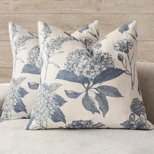 Set of 2 Linen Floral Vintage Throw Pillow Covers Neutral Accent Print Decorative Cushion Covers Farmhouse Boho Home Decor for Sofa Chair Couch Bedroom Living Room,18×18 Inch,Blue