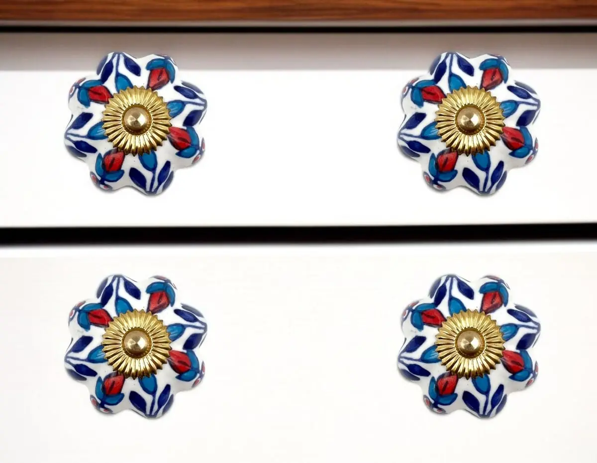 360 Stand Red, White & Blue Artisan-Made Hand-Painted Floral Ceramic Drawer Pull Knobs - Set of 6, Includes Screws