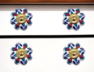 HomeRoots 635765 Red White & Blue Floral Ceramic Drawer Pull Knobs - Set of 6