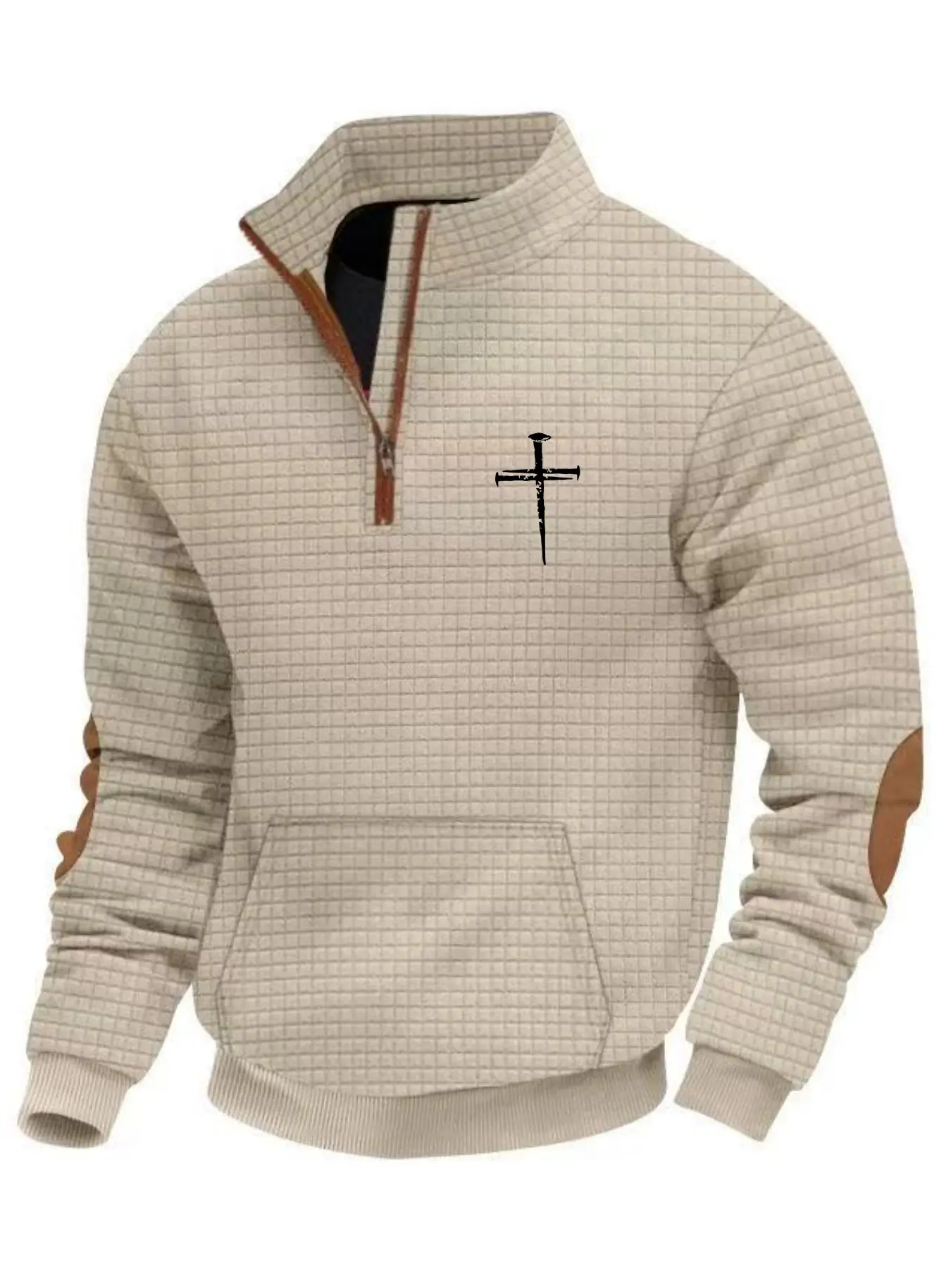 A must-have men's autumn and winter waffle check Textured long sleeve stand-up collar Fitted hoodie, Sweatshirts with drawstring, leather label and cross print design for daily casual, outdoor wear, boyfriend gift