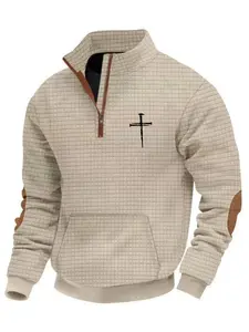 A must-have men's autumn and winter fashion waffle check stand-up collar Fitted hoodie with a drawstring leather label and cross print design. It's a must-have for daily casual wear and outdoor activities,Christmas,Black Friday,boyfriend gift.