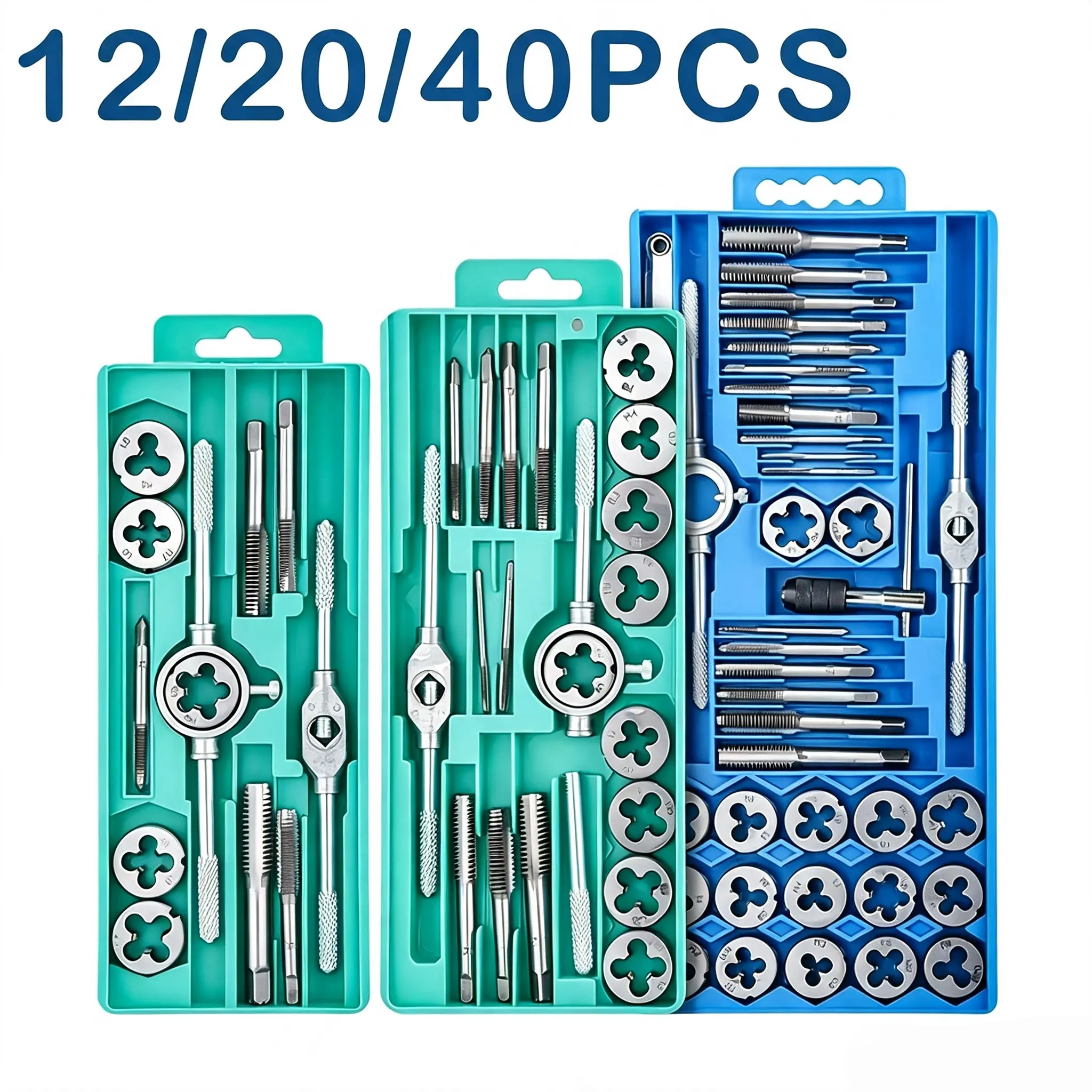 Metric Tap and Die Kit (12/20/40pcs, M3-M12) - Internal/External Thread Cutting Tool Set with Straight Cone Reamer, Thread Repair & Making Hand Tools for DIY Mechanics, Household Metal Working
