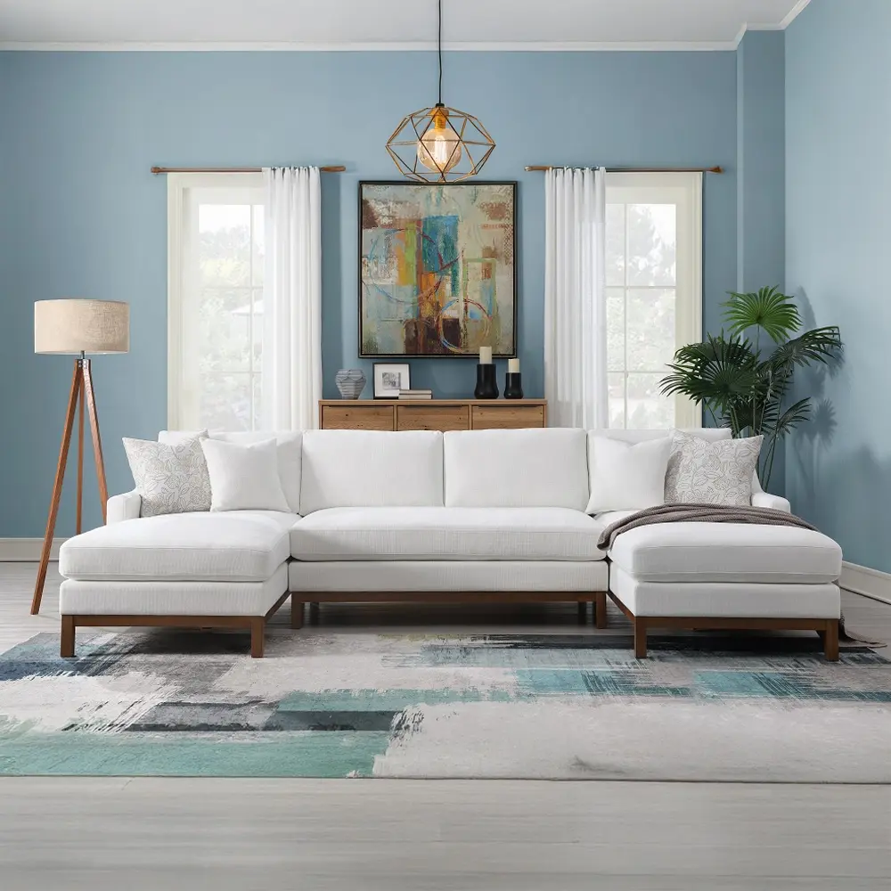Acme LV01881 Orren Ellis Valiant 3-Pc Ivory Chenille Fabric Double Chaise Sectional Sofa for Living Rooms, Wooden Base, Pocket Coil Seating, 127" x 36" D Center Seat, 35" H, Assembly Required