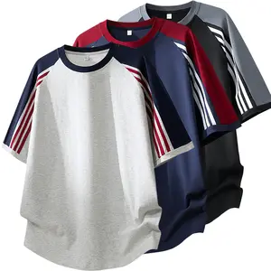 Men’s 95% cotton short-sleeve T-shirt, thin crew neck tee with three stripes for young men, suitable for fitness, running, and casual sports; versatile base layer top