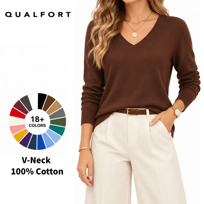 QUALFORT Women's 100% Cotton V-Neck Aesthetic Neutral Pullover Sweater, Breathable Lightweight Long Sleeve Top, Easy Under Jackets & Coats Knitwear, 2026 Fall Casual Clothes for Women, Soft Basic Layering Wear