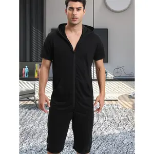 Black Polyester Men's Casual Sporty Onesie - Lightweight Hooded Jumpsuit with Short Sleeve, Dual Zipper & Drawstring - Machine Washable for Home & Tracksuit Use