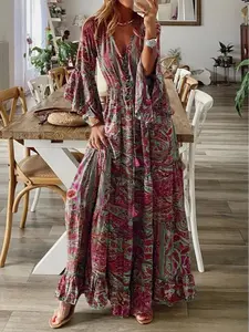 Women’s summer Bohemian floral maxi dress featuring a V-neck and flared sleeves, high-waisted fit for a slimming look, unique print perfect for vacation outfits.
