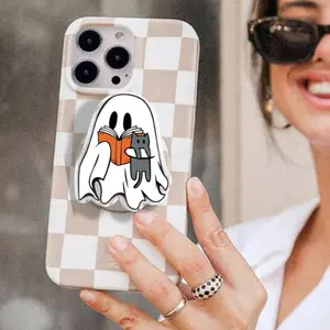 Halloween Ghost MagSafe Phone Grip, Cute Bookish Ghost with Cat, Magnetic Phone Holder for Book Lovers, Spooky Bookish Gift