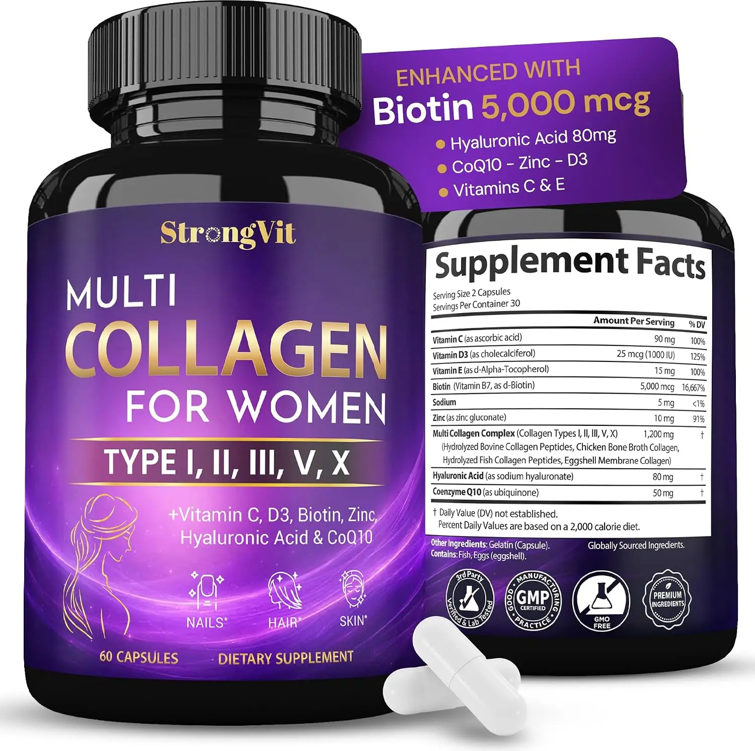 StrongVit Multi Collagen for Women with Biotin, Hyaluronic Acid, CoQ10, Vitamin C, D3 & Zinc – Hair, Skin, Nails Supplements - Hydrolyzed Collagen Peptides Type I, II, III, V, X - USA (60 Capsules)