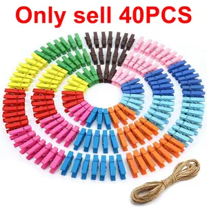 40 Pieces Mini Wall Clips Tapestry Clips Multi-functional clips, sealing clips, photo clips for Photo Picture Hanging Craft Office Home Poster Paper Flag Hangers Strong Springs Small Clothes Pin Natural Wooden Clothespins with Line Command Clips ，color