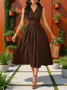 Women Elegant Bohemian Solid Textured Woven Midi Dress, Sleeveless Deep V Neck Micro Elastic A-Line Flared Swing Dress for Holiday Daily All Seasons