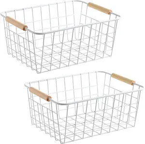 white wire baskets for organizing with Wooden Handles Storage Organizer Baskets, Household snack basket for Cabinets, Pantry, Closets, Bedrooms, pantry organizers and storage - Set of 2White