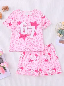 2-piece pink leopard print, Leopard Print Pajamas, children's sleepwear set, casual sleepwear set, suitable for daily wear of children of all ages, can be worn as home clothes for vacation gatherings