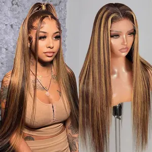 Idoli Honey Blonde Highlight Ombre Lace Front Wigs Human Hair Straight Pre Plucked 13x4 HD Transparent 4/27 Balayage Blonde Brown Lace Frontal Wig 180% Density