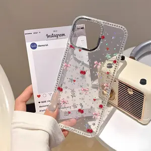 Shining Cherry Bow Electroplating Phone Case for iPhone 17 16 15 14 13 12 Pro Max Plus - Soft Border & Hard Back Protective Cover