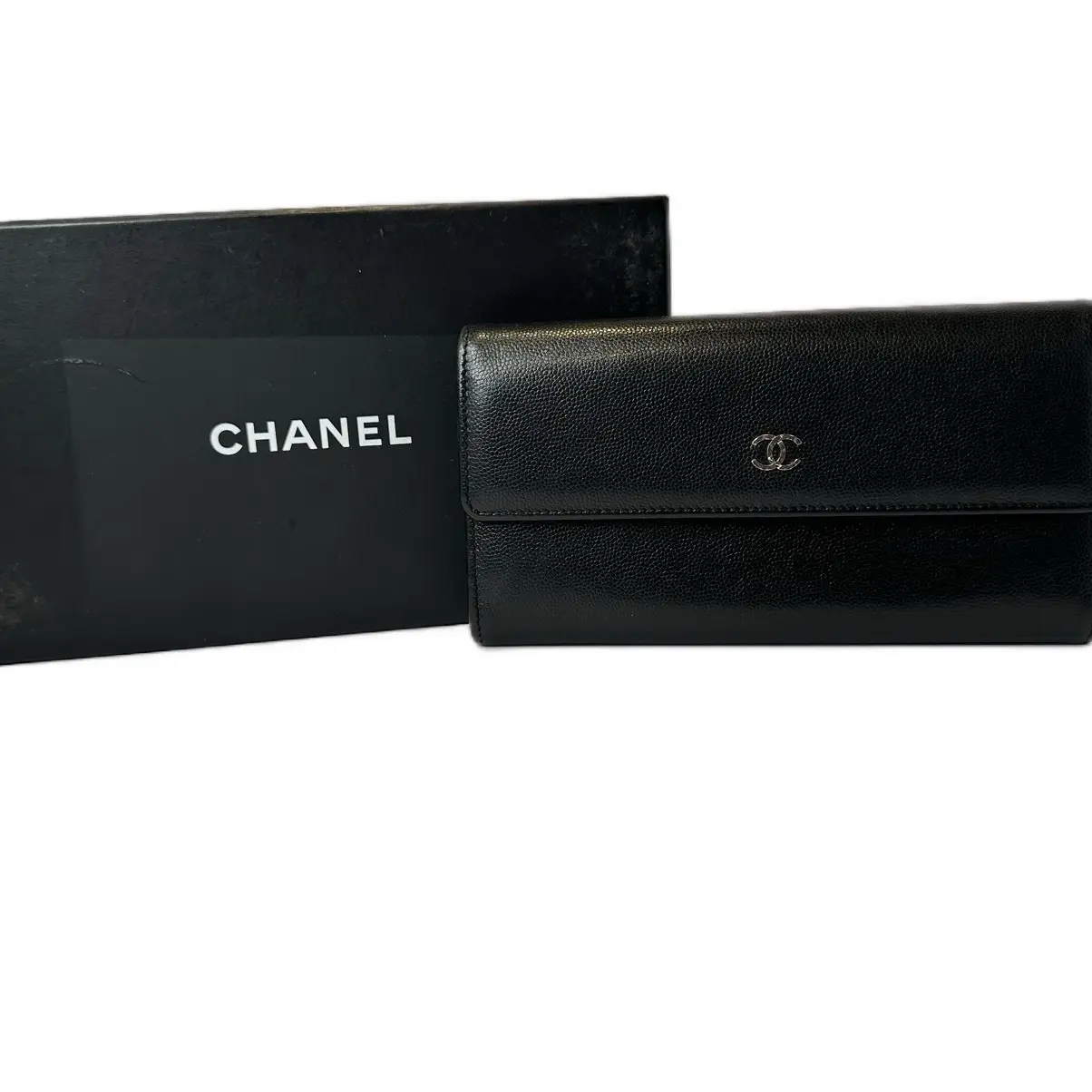 Pre-owned CHANEL N/A Small Leather Goods Black Caviar Long Flap Wallet with Box