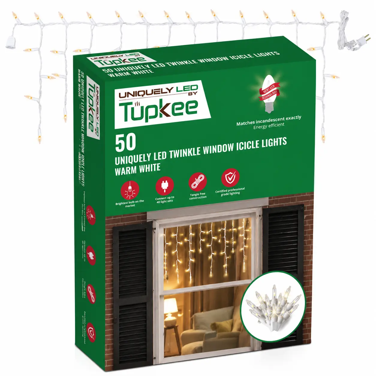 Warm White LED Christmas Icicle Window Decor Lights - 3ft(0.91m) String, 50 Bulbs, 10 Random Twinkling, Classic Match to Incandescent, Glass Set Compatible Home Festive Decoration Supplies