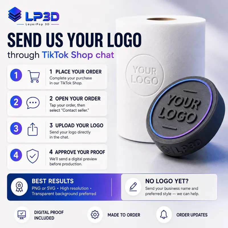 LayerPop 3D Custom 3D Printed Logo Embosser Stamp for Toilet Paper & Paper Towels Reusable No Ink Required Personalized with Business Logo Ideal for Cleaning Companies Airbnbs Hotels Salons Spas Guest Bathrooms Events Small Businesses