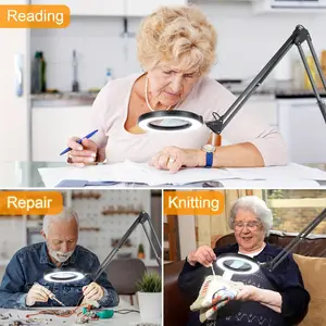 10X large magnifying glass, with lamp and bracket, 2 x 16 inch adjustable rotating arm LED desk lamp, with clip, 5 color modes infinitely adjustable, luminous magnifying glass hands-free reading technology, painting and sewing, working up close