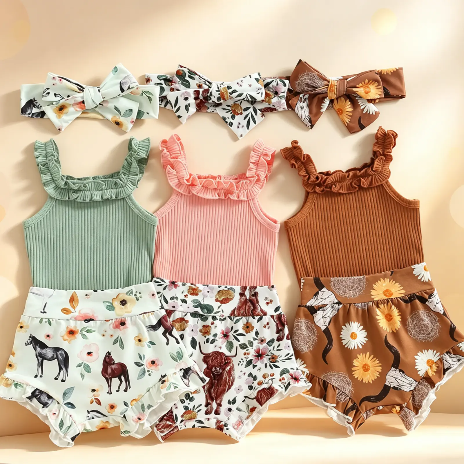 Baby Girl 3-Piece Clothing Gift Set - Off-Shoulder Casual Party Romper Top, Bull Print Short Pants, Headband