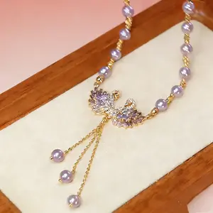 Luxury Purple Swan Necklace, Chic Minimalist Elegant Pendant, Fashion Statement Jewelry, Perfect Accessory for Cheongsam Dress Crystal Sparkling  Collarbone Chain