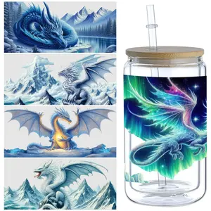 5 Sheets Ice Dragon UV DTF Stickers, Waterproof Transfer Stickers for 16oz Glass Cups, UV DTF Stickers, Glass DTF Transfer Stickers, Adhesive Stickers, Decorative Stickers, DIY Crafts