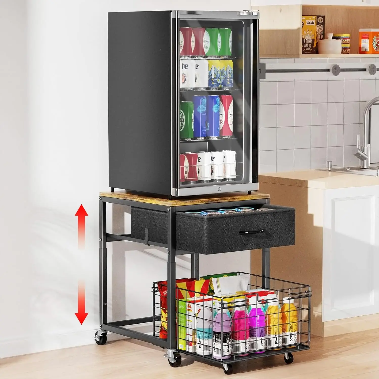 Housolution Durable Height-Adjustable Mobile Mini Fridge Stand - 500 lbs Steel Rack with Drawer, Bottom Removable Wooden Basket, Multi-Function Tray, 200 lbs Load Capacity Kitchen Benchtop Utility Cart, Bottom Removable Basket