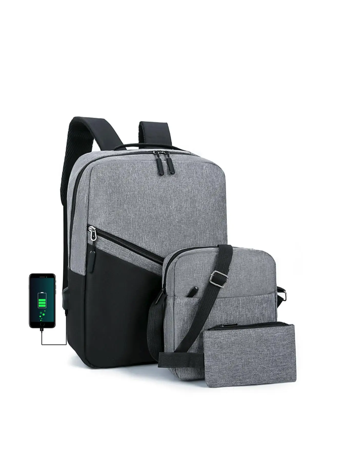 Men's Summer Casual Colorblock Backpack Set with Usb Port, Including Zipper Backpack, Shoulder Bag, Wristlet, All-match Simple Bag Set for Daily Used