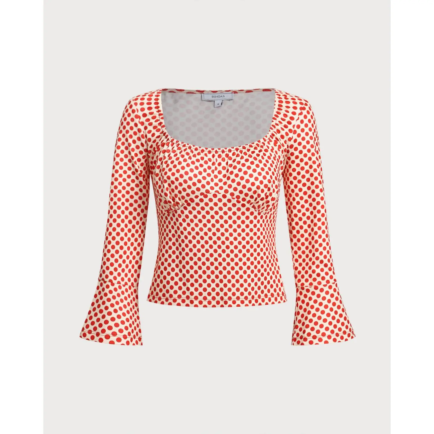 RIHOAS Women's Retro Polka Dot Floral Print Stretch Blouse with Pleated U-Neck and 3/4 Bell Sleeves