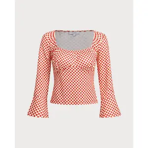 Rihoas Women's Retro Red Polka Dot Floral U-Neck 3/4 Bell Sleeve Top, Polyester-Spandex Blend Fabric T-Shirt