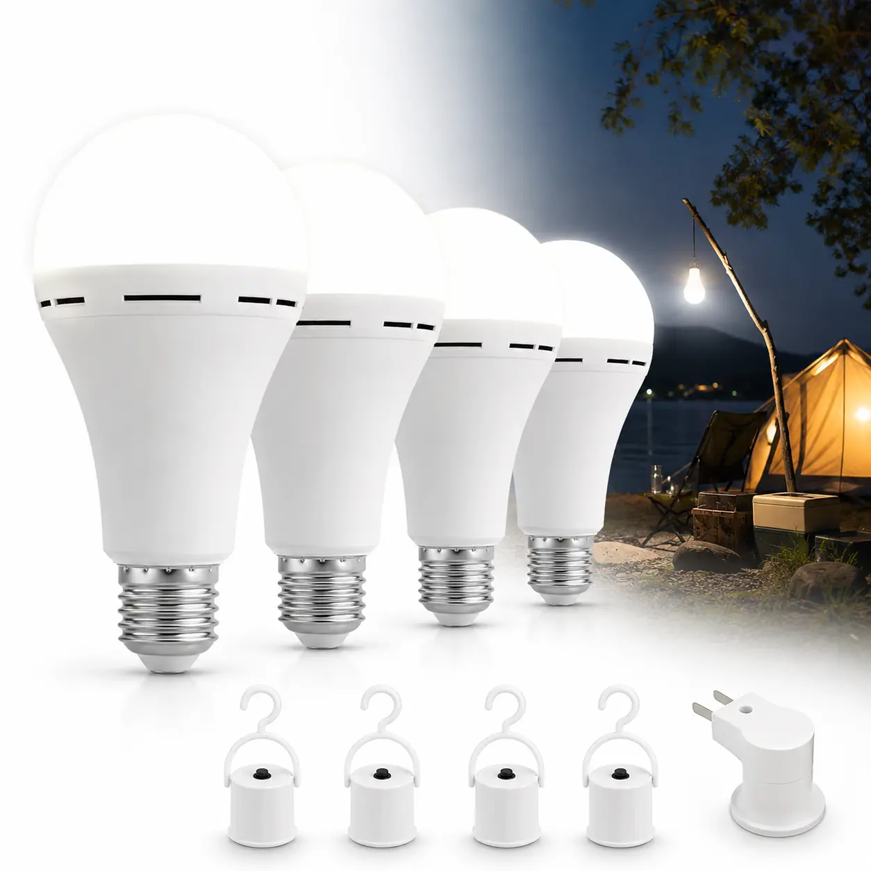 4 Pack Emergency Rechargeable Light Bulb with Hook, 1500mAh LED Power Outage Bulb, 12W 60W Equivalent Camping Light for Home Hurricane Backup summerwins