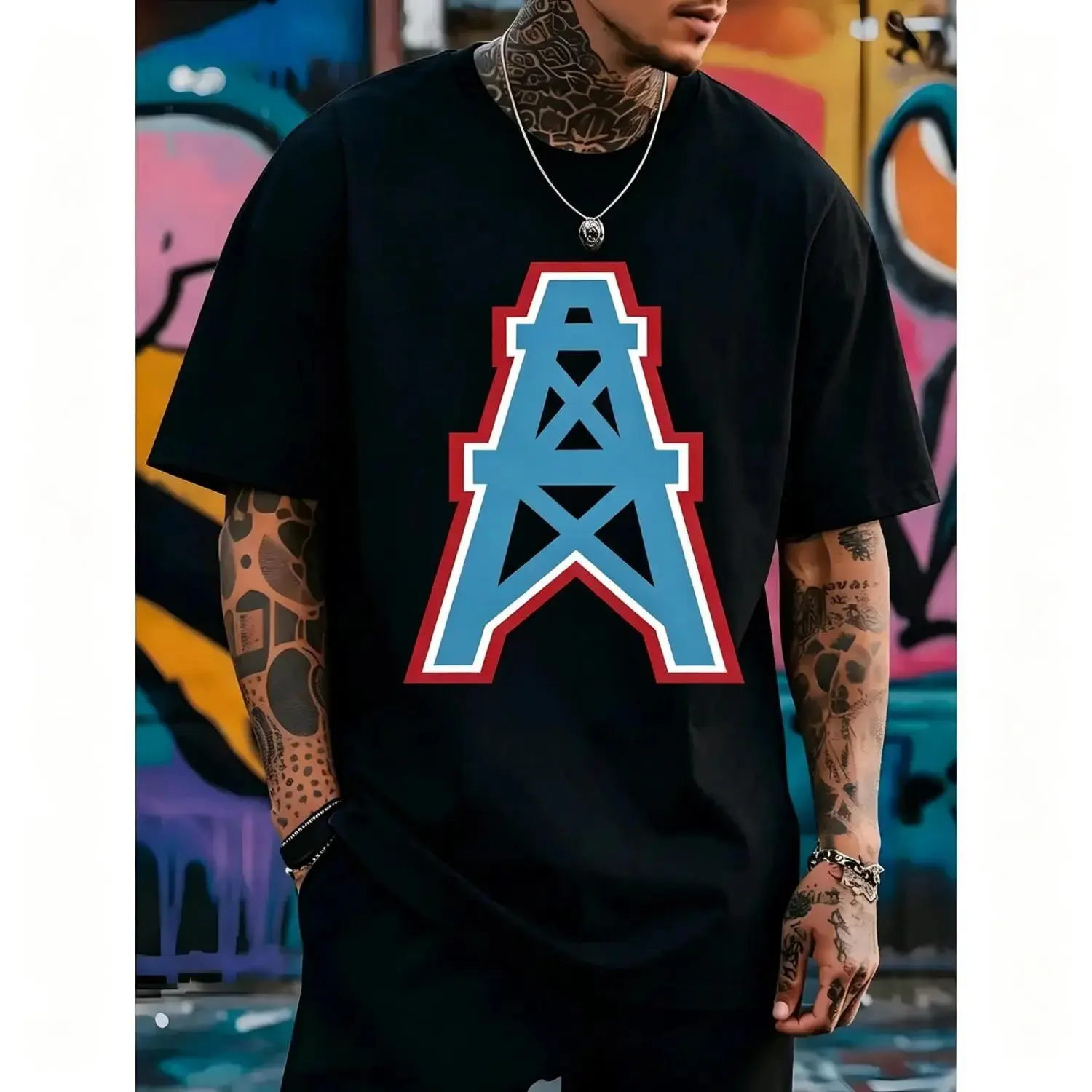 JointlyCreating Men's Short-Sleeve Heavy Cotton T-Shirt, Houston Oilers Bold Print Casual Streetwear Graphic Design Top, Menswear